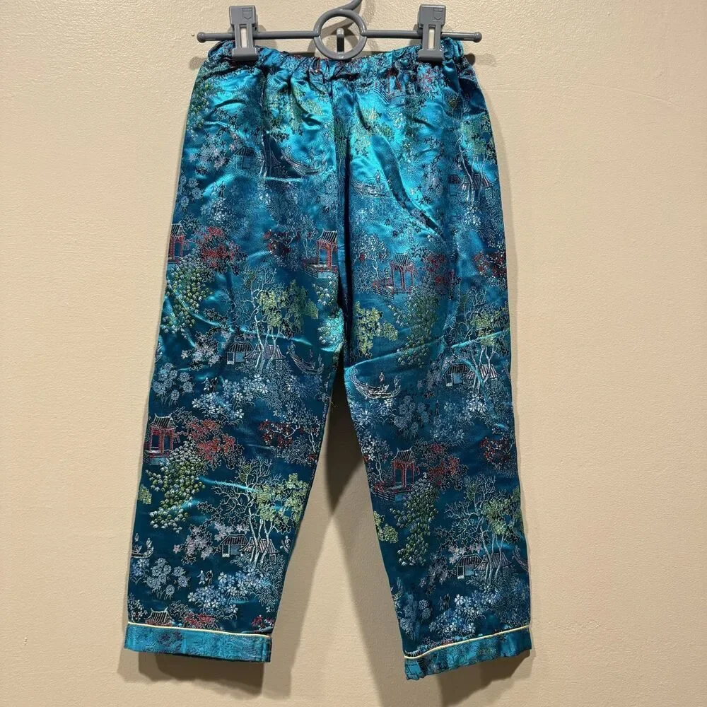 Vintage Oriental Girls Costume sz 10 Blue Satin Top Pants Bag Asian Dress-Up